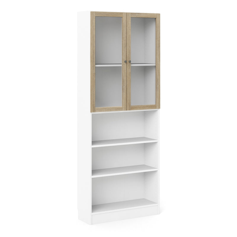Basic Tall Wide Display Cabinet in White (4 Shelves) with 2 Glass Oak Doors – image 1