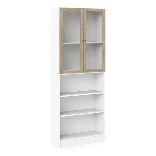 Basic Tall Wide Display Cabinet in White (4 Shelves) with 2 Glass Oak Doors – image 1