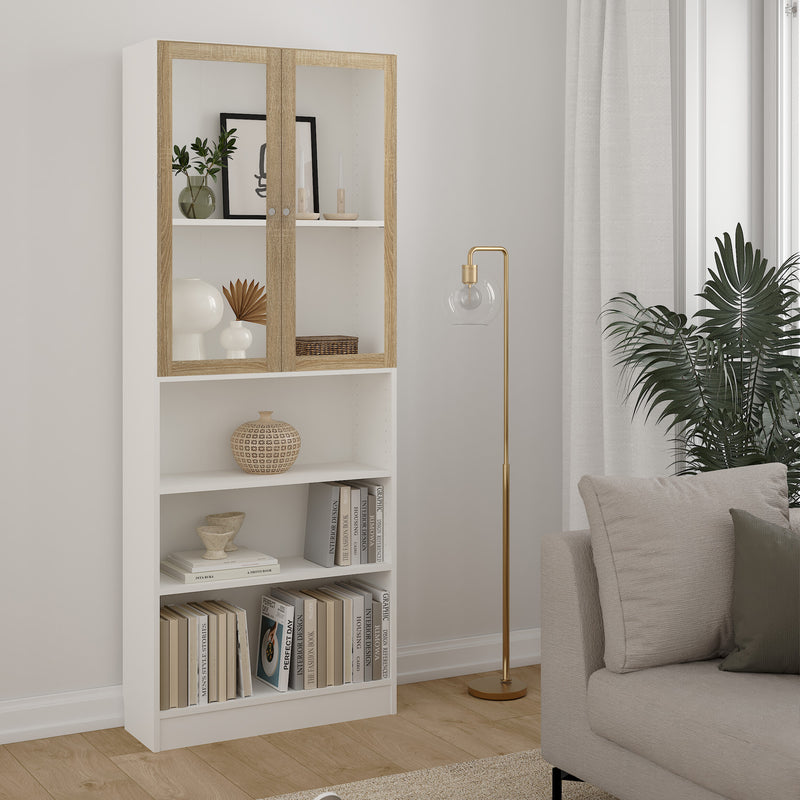 Basic Tall Wide Display Cabinet in White (4 Shelves) with 2 Glass Oak Doors – image 3