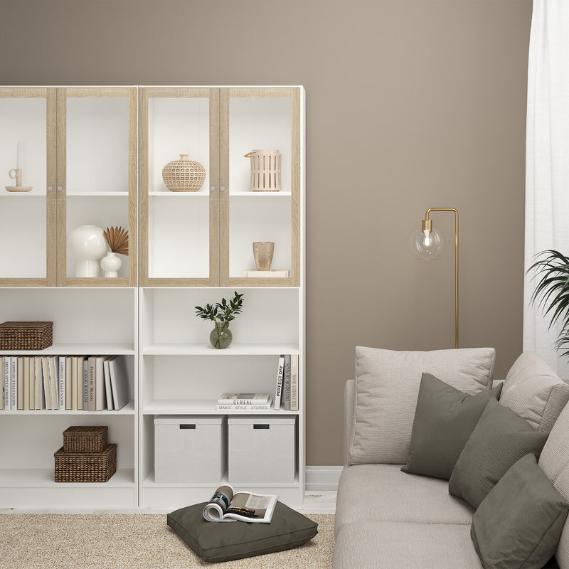Basic Tall Wide Display Cabinet in White (4 Shelves) with 2 Glass Oak Doors – image 4
