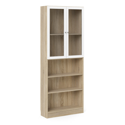 Basic Tall Wide Display Cabinet in Oak (4 Shelves) with 2 Glass White Doors – image 1
