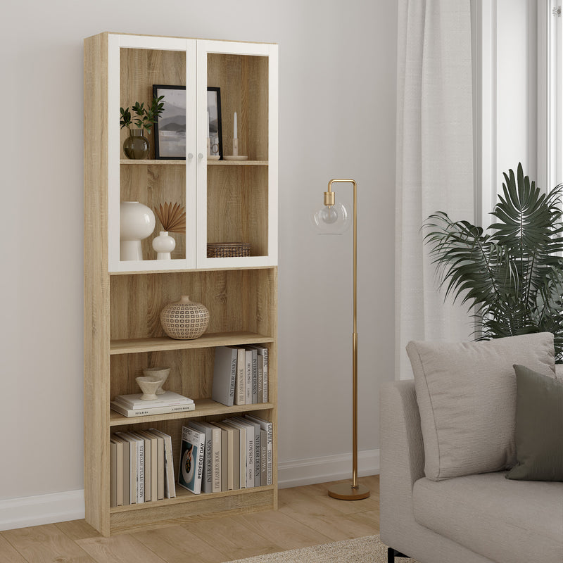 Basic Tall Wide Display Cabinet in Oak (4 Shelves) with 2 Glass White Doors – image 3