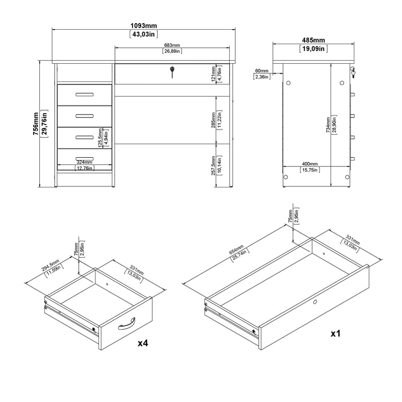 Function Plus Desk 5 Drawers – White – image 9