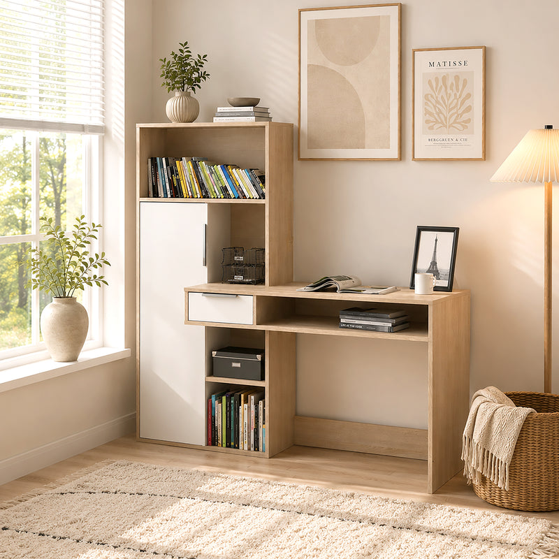 Function Plus Desk Multi Functional Desk with Drawer and 1 Door in White and Oak – image 5
