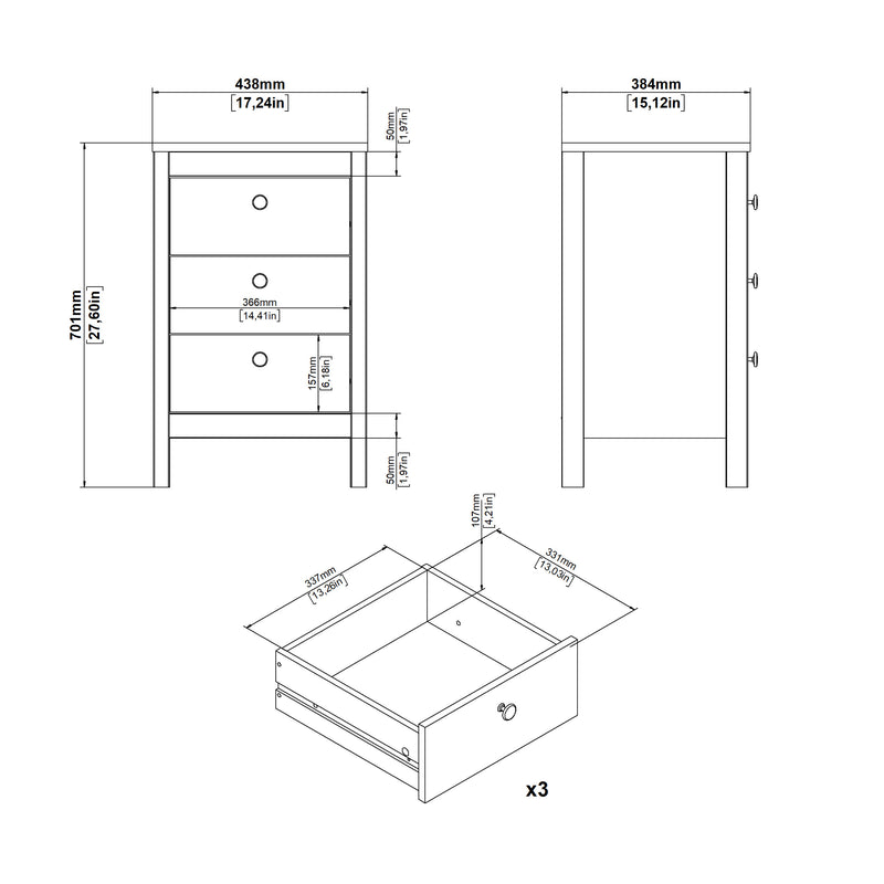 Barcelona Bedside Table 3 Drawers – Hickory Oak – image 10