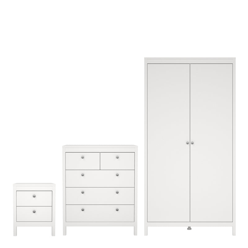 Madrid Package - Bedside Table 2 Drawers + Chest 5 Drawers + Wardrobe with 2 Doors in White – image 1