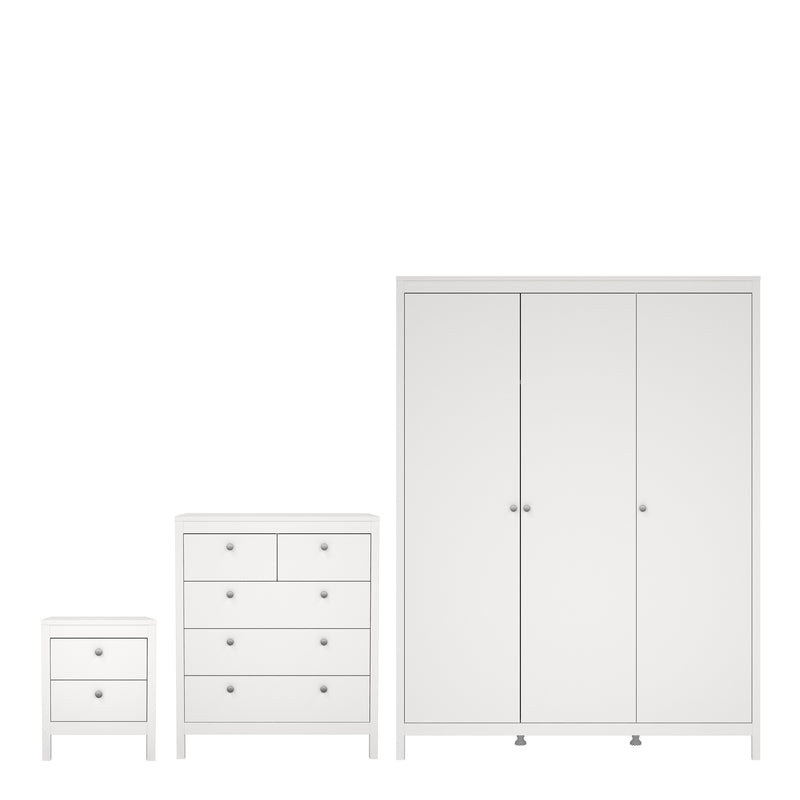 Madrid Package - Bedside Table 2 Drawers + Chest 5 Drawers + Wardrobe with 3 Doors in White – image 1