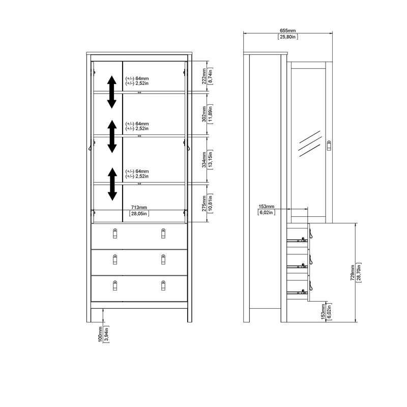 Madrid China Cabinet 2 Doors with + 3 Drawers in Jackson – Matt Black – image 12
