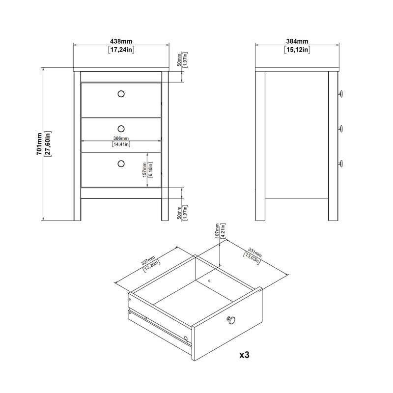 Madrid Bedside Table 3 Drawers – White – image 10