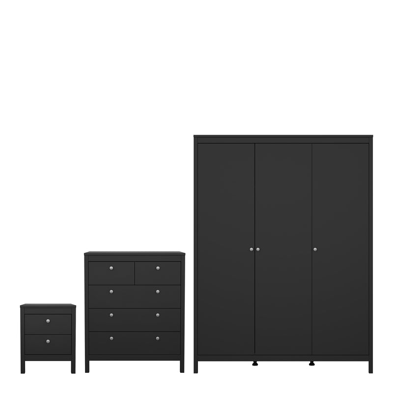Madrid Package - Bedside Table 2 Drawers + Chest 5 Drawers + Wardrobe with 3 Doors in Matt Black – image 1