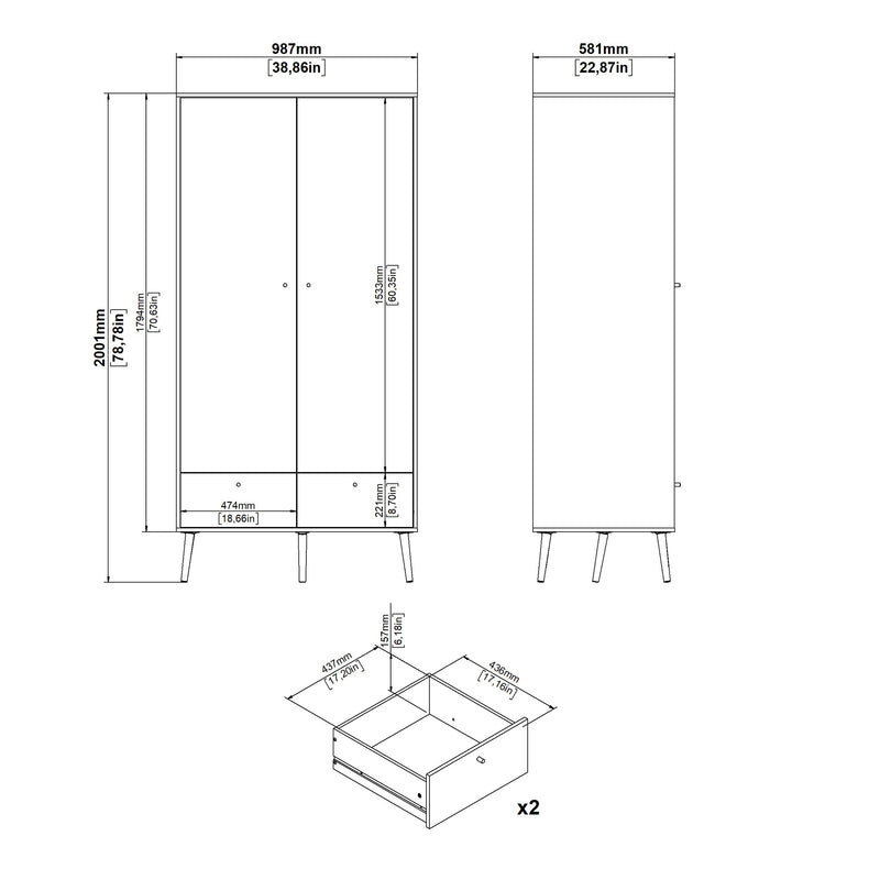 Cumbria Wardrobe with 2 Doors , including 2 Drawers Dark – White – image 13