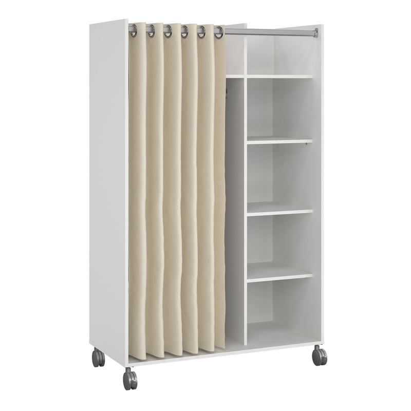 Uppsala Open Mobile Wardrobe Unit in Jackson with a Textile Curtain on Wheels – White – image 1