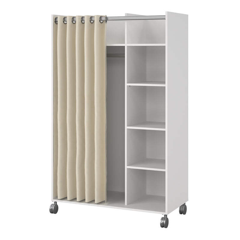 Uppsala Open Mobile Wardrobe Unit in Jackson with a Textile Curtain on Wheels – White – image 3