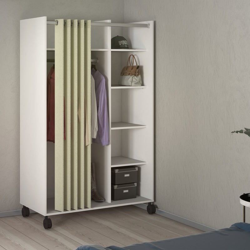 Uppsala Open Mobile Wardrobe Unit in Jackson with a Textile Curtain on Wheels – White – image 5