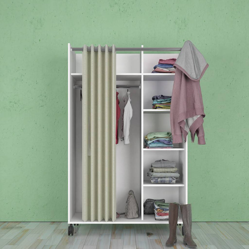 Uppsala Open Mobile Wardrobe Unit in Jackson with a Textile Curtain on Wheels – White – image 6