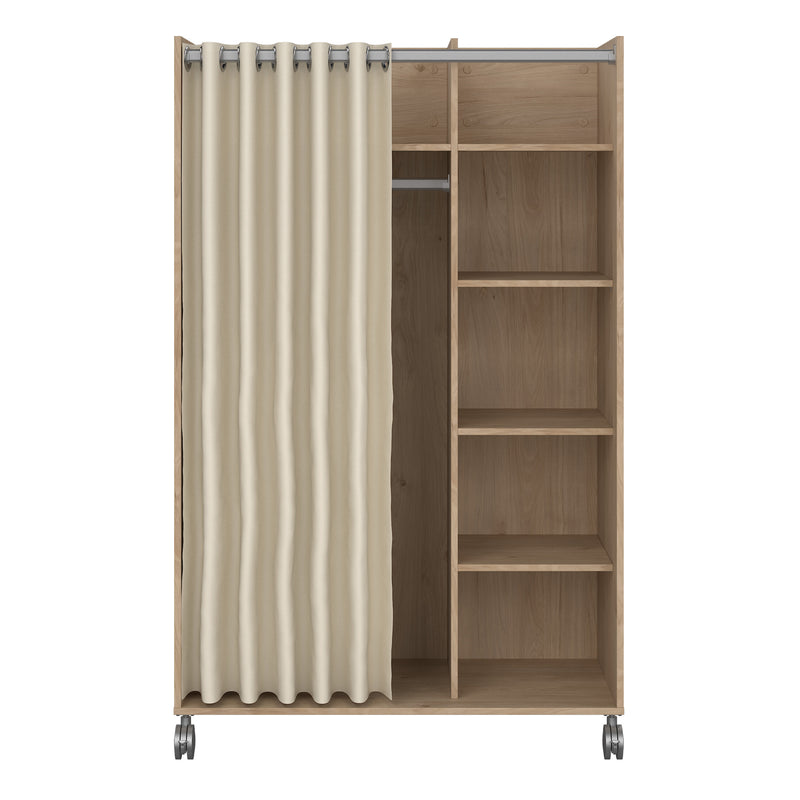Uppsala Open Mobile Wardrobe Unit in Jackson with a Textile Curtain on Wheels – Hickory Oak – image 2
