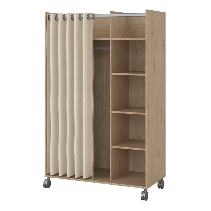 Uppsala Open Mobile Wardrobe Unit in Jackson with a Textile Curtain on Wheels – Hickory Oak – image 3