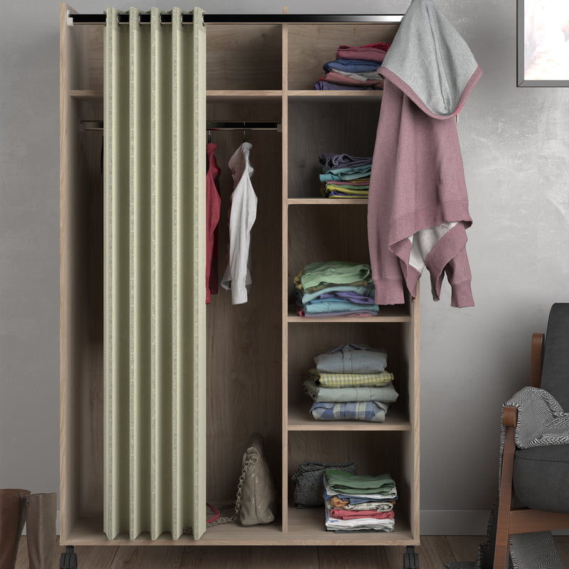 Uppsala Open Mobile Wardrobe Unit in Jackson with a Textile Curtain on Wheels – Hickory Oak – image 5