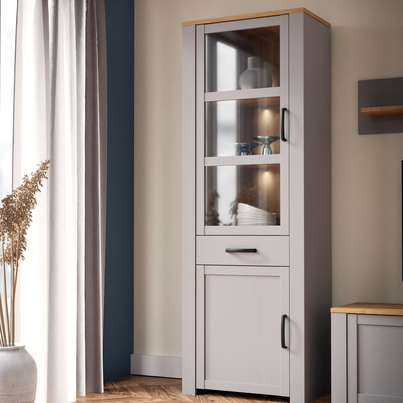 Bohol 2 Door 1 Drawer Narrow Display Cabinet – Riviera Oak/Grey Oak – image 6