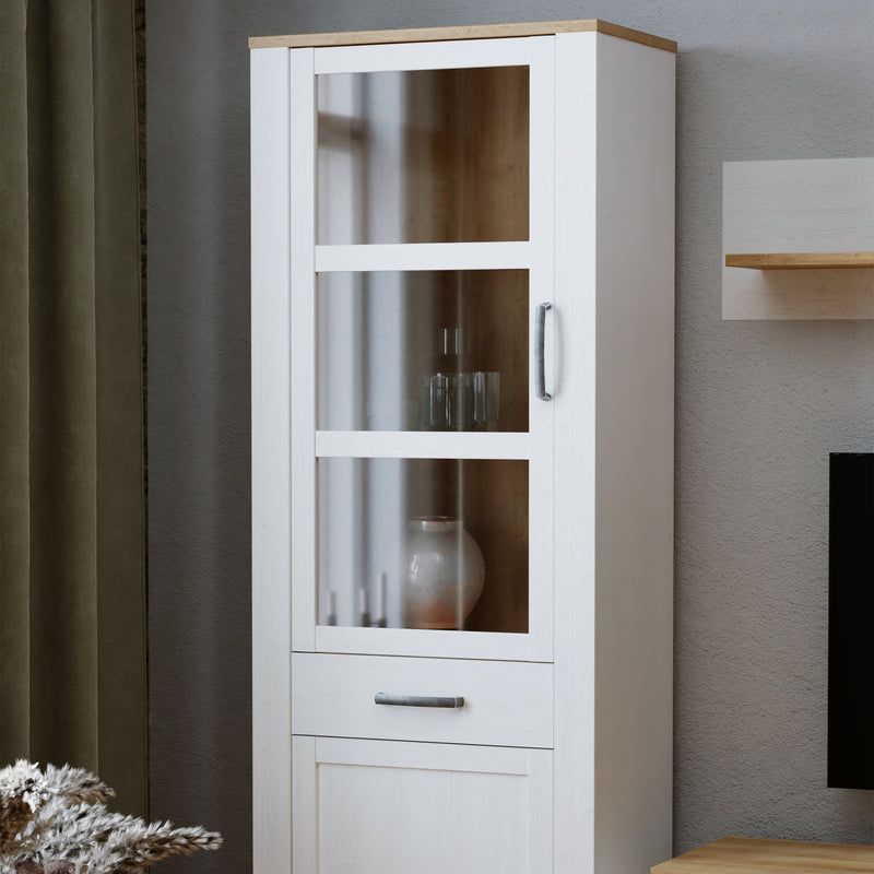 Bohol 2 Door 1 Drawer Narrow Display Cabinet – Riviera Oak/White – image 7