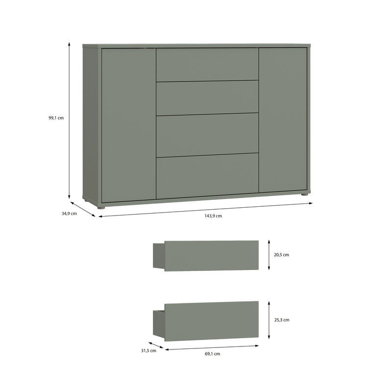Alice Springs Wide Sideboard with 4 Drawers & 2 Doors with Push-to-Open in Sage Green – image 9