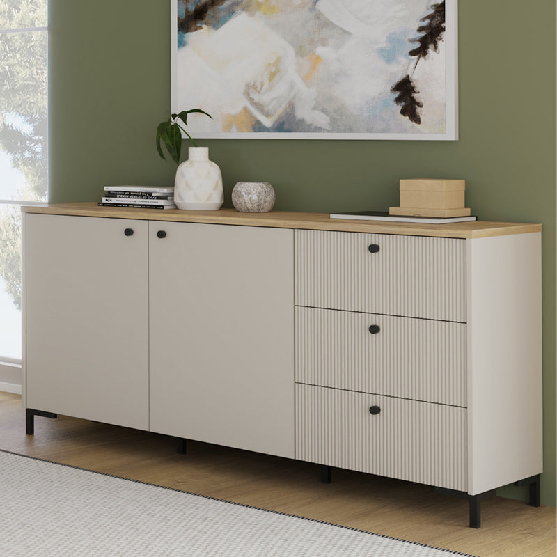 Bixbite Wide Sideboard with Fluted Drawers & Cupboard in Mauvella Oak and Sand – image 6