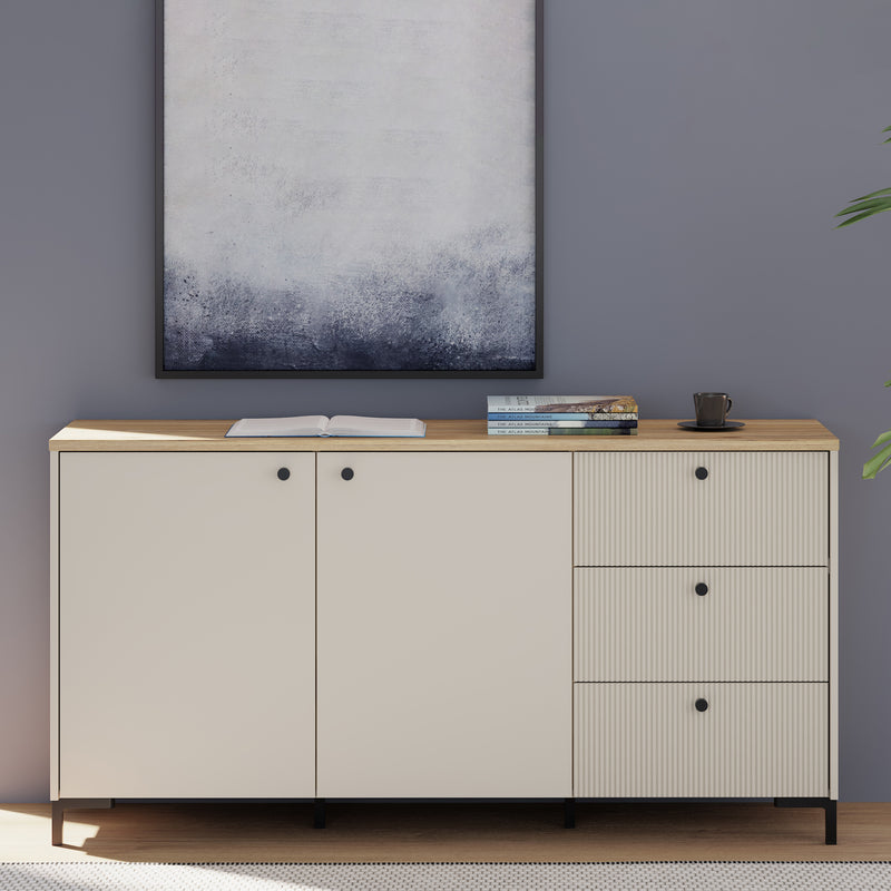 Bixbite Wide Sideboard with Fluted Drawers & Cupboard in Mauvella Oak and Sand – image 7