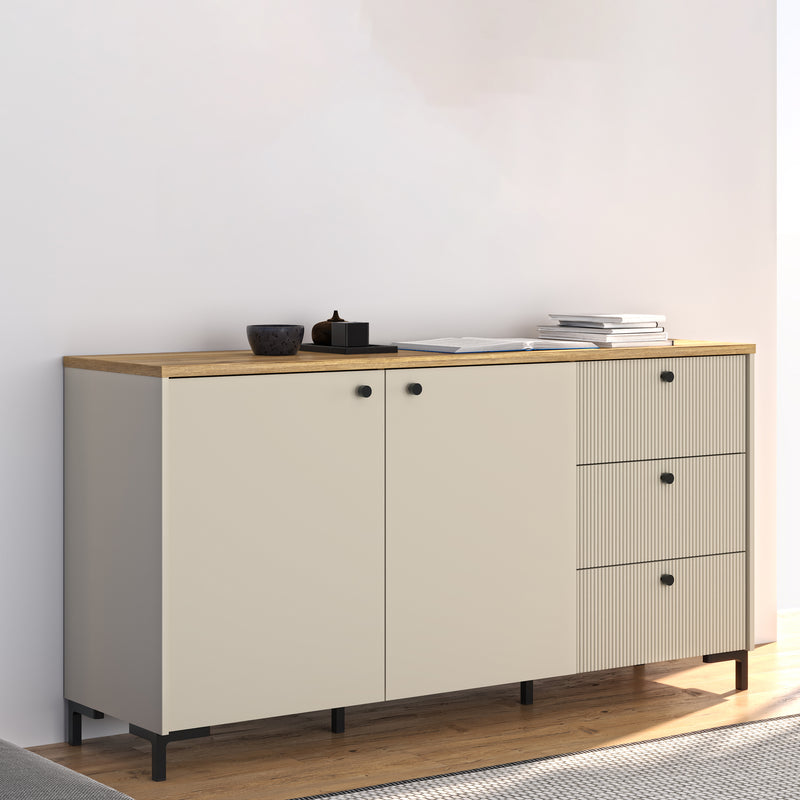 Bixbite Wide Sideboard with Fluted Drawers & Cupboard in Mauvella Oak and Sand – image 8