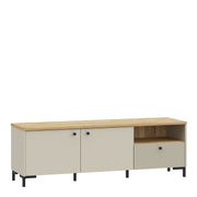 Bixbite Wide TV Unit with Fluted Drawer, Open Shelf & Cupboard in Mauvella Oak and Sand – image 1