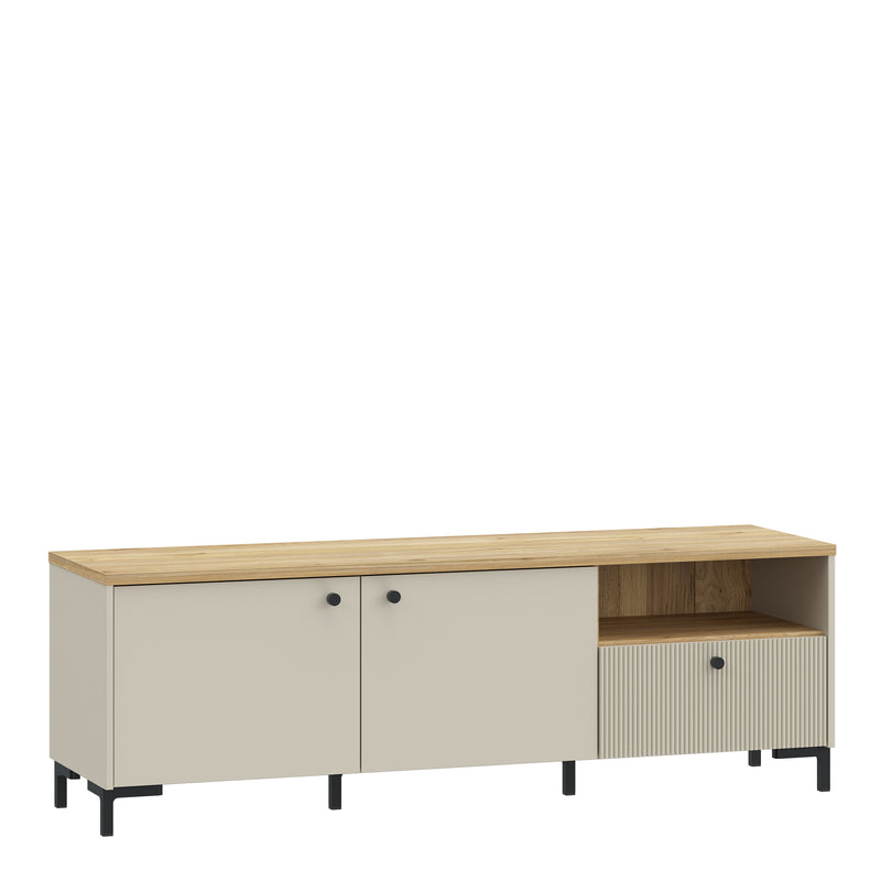 Bixbite Wide TV Unit with Fluted Drawer, Open Shelf & Cupboard in Mauvella Oak and Sand – image 1