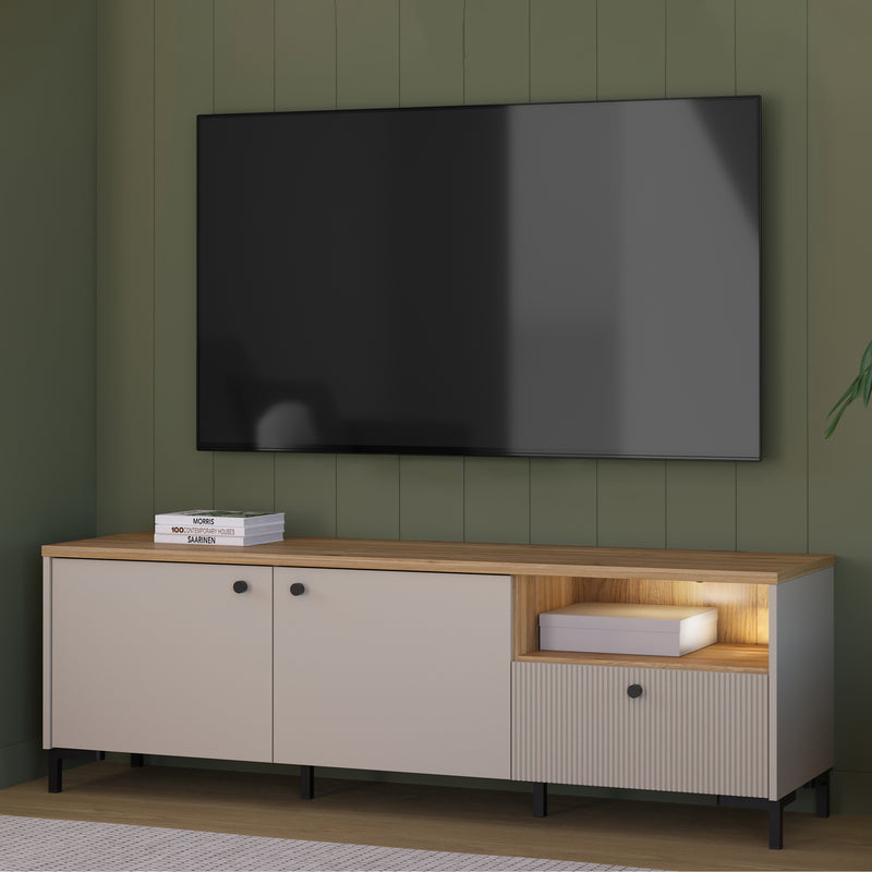 Bixbite Wide TV Unit with Fluted Drawer, Open Shelf & Cupboard in Mauvella Oak and Sand – image 10