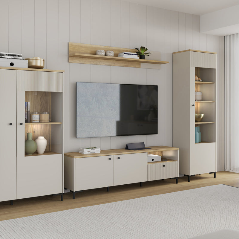 Bixbite Wide TV Unit with Fluted Drawer, Open Shelf & Cupboard in Mauvella Oak and Sand – image 11