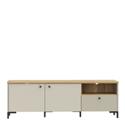 Bixbite Wide TV Unit with Fluted Drawer, Open Shelf & Cupboard in Mauvella Oak and Sand – image 2