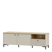Bixbite Wide TV Unit with Fluted Drawer, Open Shelf & Cupboard in Mauvella Oak and Sand – image 3
