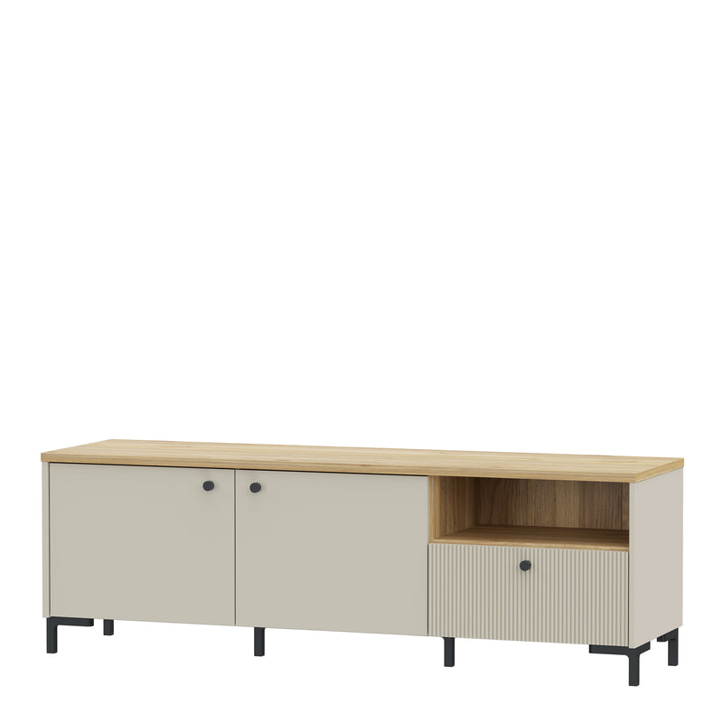 Bixbite Wide TV Unit with Fluted Drawer, Open Shelf & Cupboard in Mauvella Oak and Sand – image 3