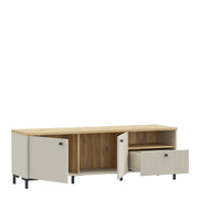 Bixbite Wide TV Unit with Fluted Drawer, Open Shelf & Cupboard in Mauvella Oak and Sand – image 4