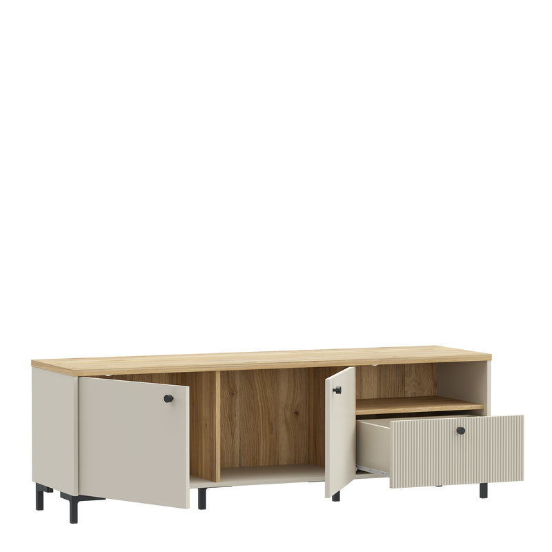 Bixbite Wide TV Unit with Fluted Drawer, Open Shelf & Cupboard in Mauvella Oak and Sand – image 4