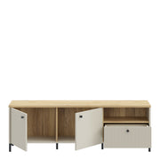 Bixbite Wide TV Unit with Fluted Drawer, Open Shelf & Cupboard in Mauvella Oak and Sand – image 5
