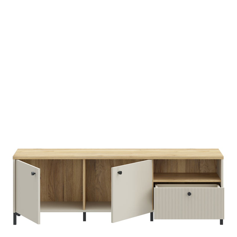 Bixbite Wide TV Unit with Fluted Drawer, Open Shelf & Cupboard in Mauvella Oak and Sand – image 5