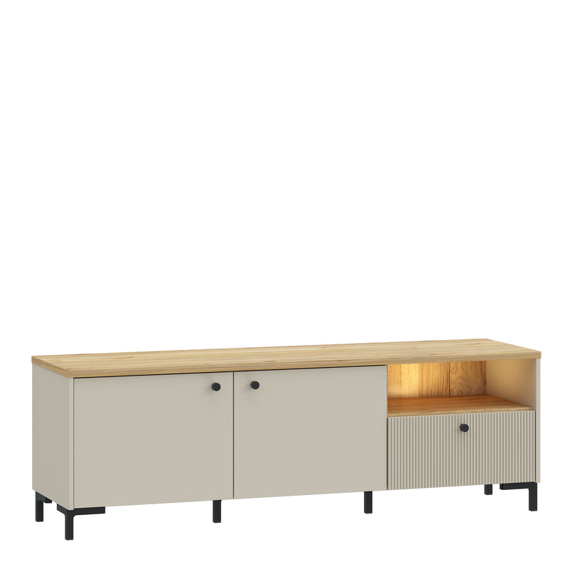 Bixbite Wide TV Unit with Fluted Drawer, Open Shelf & Cupboard in Mauvella Oak and Sand – image 6