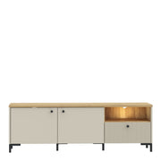 Bixbite Wide TV Unit with Fluted Drawer, Open Shelf & Cupboard in Mauvella Oak and Sand – image 7