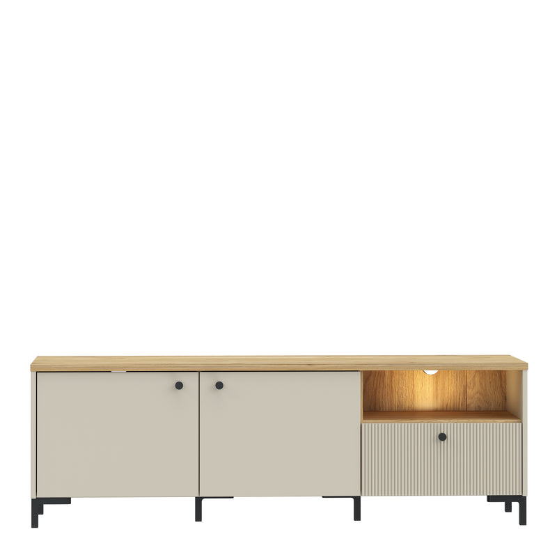 Bixbite Wide TV Unit with Fluted Drawer, Open Shelf & Cupboard in Mauvella Oak and Sand – image 7