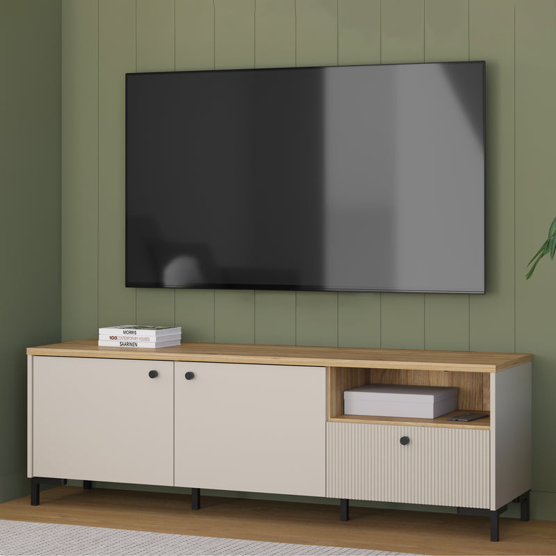 Bixbite Wide TV Unit with Fluted Drawer, Open Shelf & Cupboard in Mauvella Oak and Sand – image 9