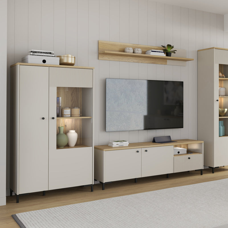 Bixbite Display Cabinet with Fluted Detail, Doors & Open Shelving in Mauvella Oak and Sand – image 11