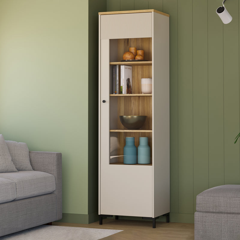 Bixbite Tall Display Cabinet with Fluted Detail, Door & Open Shelving in Mauvella Oak and Sand – image 10