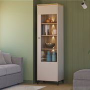 Bixbite Tall Display Cabinet with Fluted Detail, Door & Open Shelving in Mauvella Oak and Sand – image 11