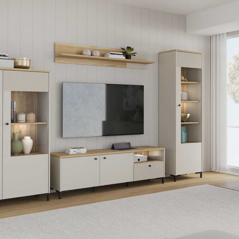 Bixbite Tall Display Cabinet with Fluted Detail, Door & Open Shelving in Mauvella Oak and Sand – image 12