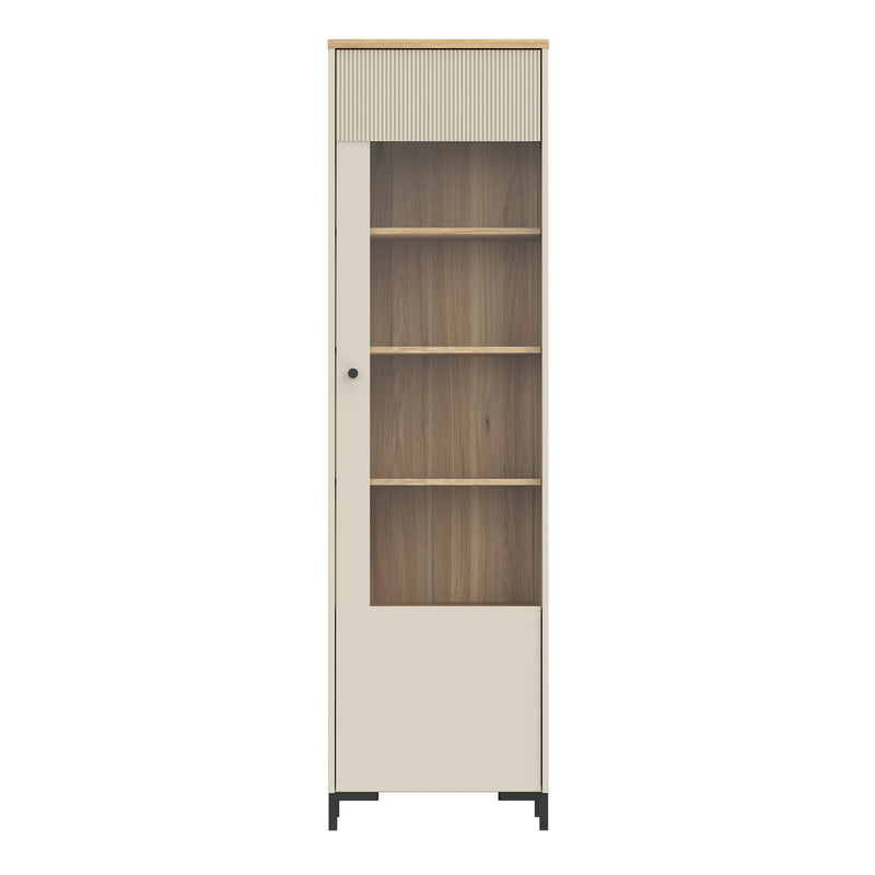 Bixbite Tall Display Cabinet with Fluted Detail, Door & Open Shelving in Mauvella Oak and Sand – image 2