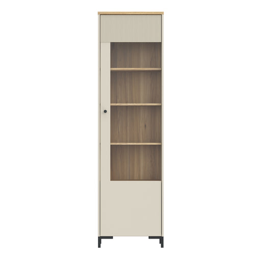Bixbite Tall Display Cabinet with Fluted Detail, Door & Open Shelving in Mauvella Oak and Sand – image 2