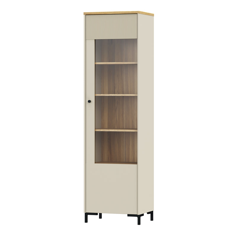 Bixbite Tall Display Cabinet with Fluted Detail, Door & Open Shelving in Mauvella Oak and Sand – image 3